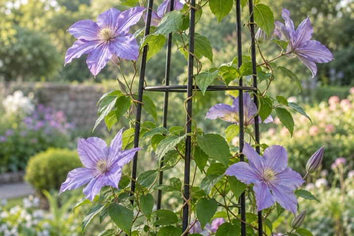 clematis flowers and foliage wrapping a slender metal trellis in a garden