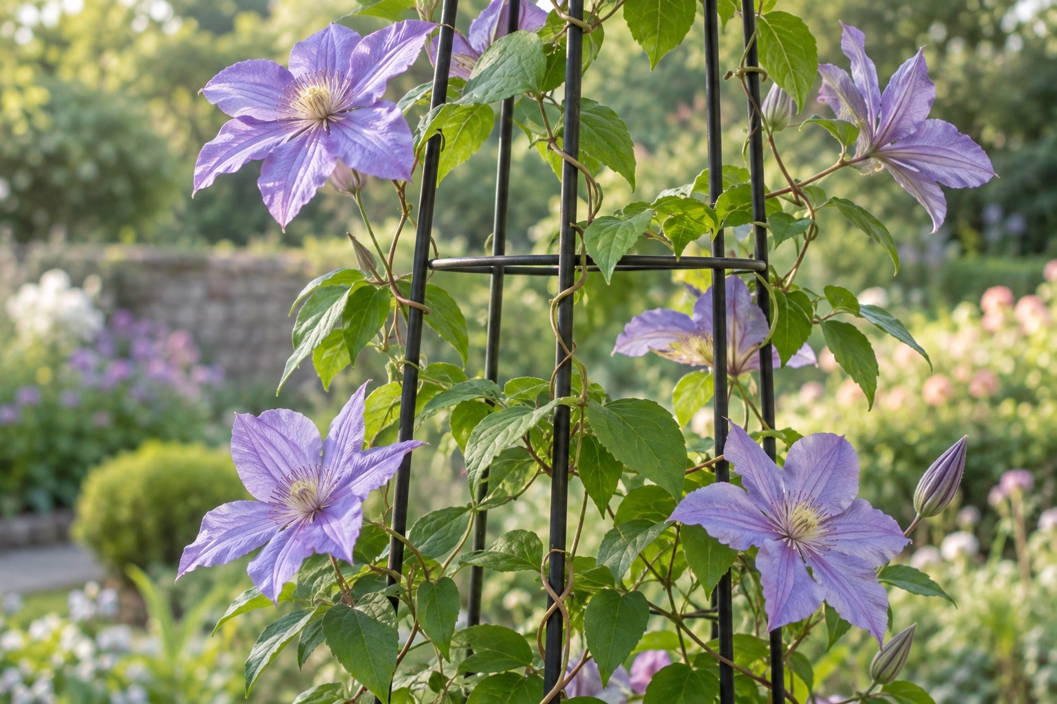 clematis flowers and foliage wrapping a slender metal trellis in a garden