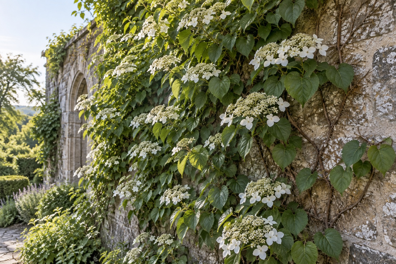 flowering climbing hydrangea covering a masonry garden wall