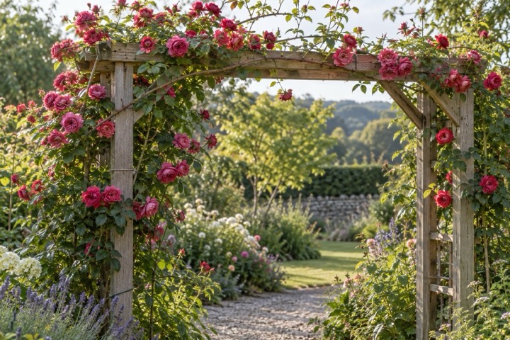 climbing roses trained across a wooden garden arbor