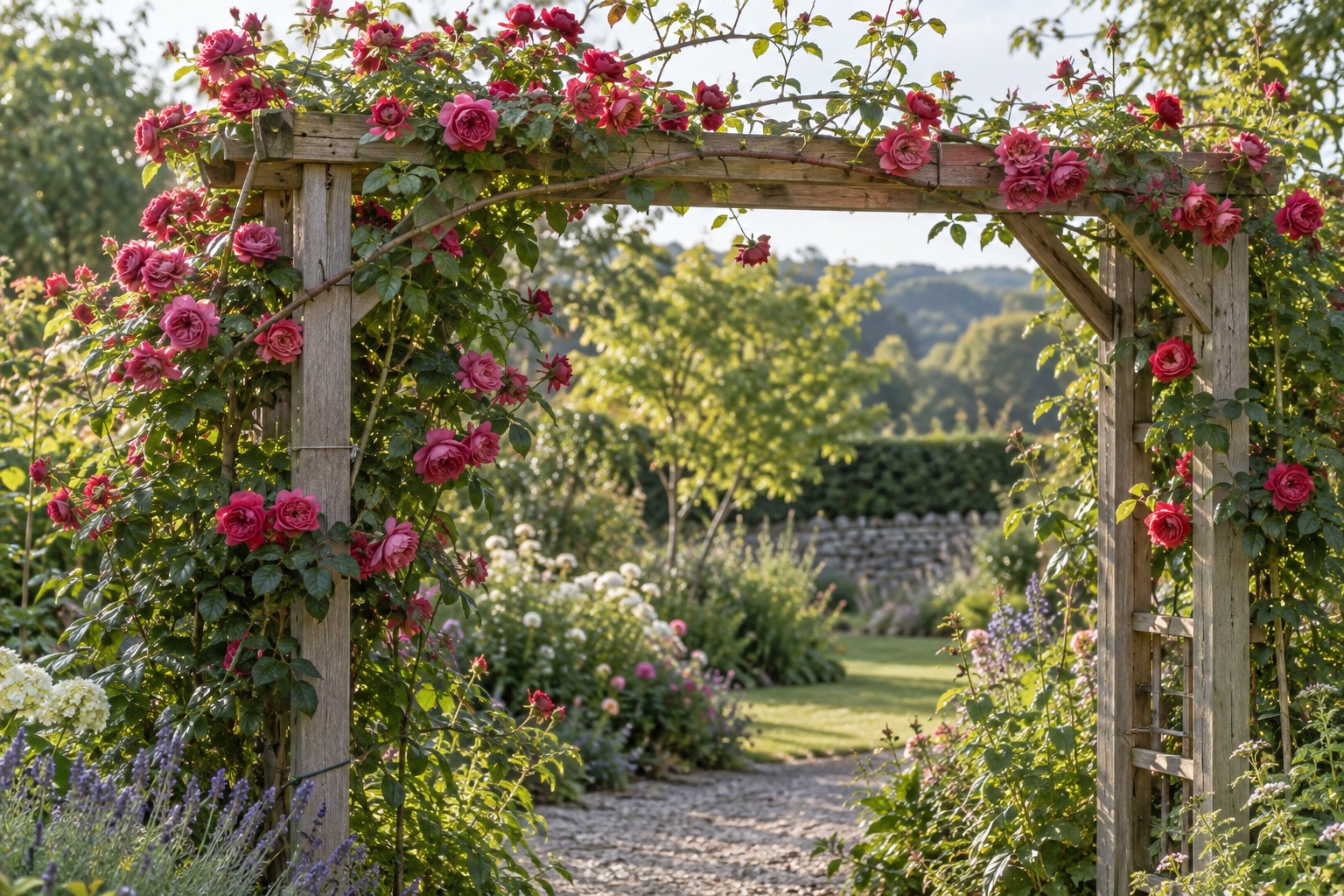 climbing roses trained across a wooden garden arbor