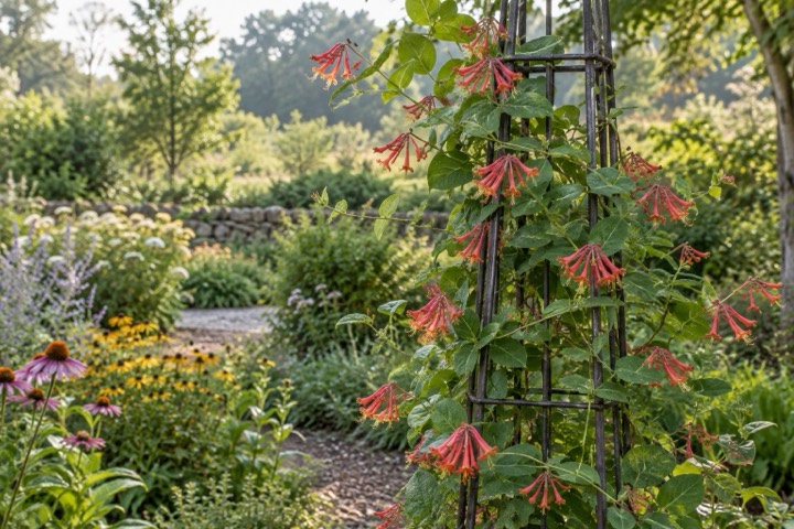 coral honeysuckle flowers growing through a narrow metal trellis