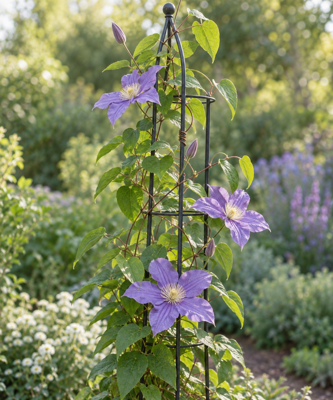 Purple clematis growing on a slender dark metal trellis in a garden.