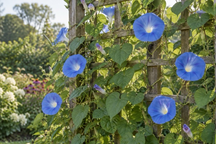 blue morning glory flowers climbing a wooden garden lattice