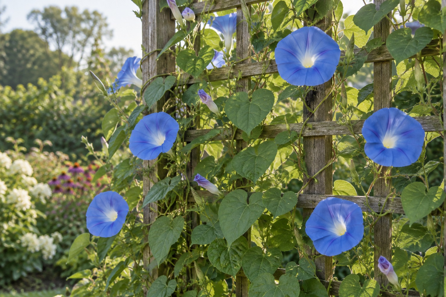 blue morning glory flowers climbing a wooden garden lattice
