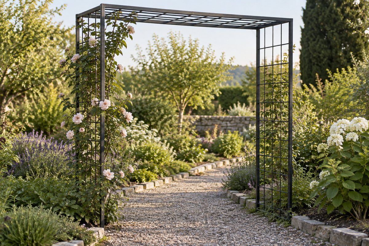 A broad flat-top metal arch with climbing roses beside a path