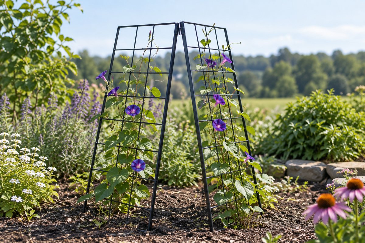 A hinged two-panel metal garden trellis with morning glories