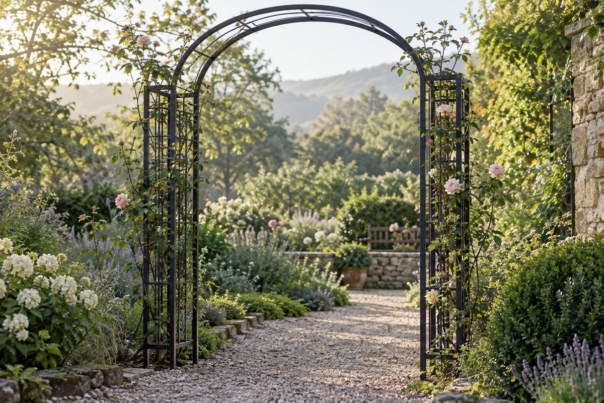 A metal garden arch with climbing roses beside a path