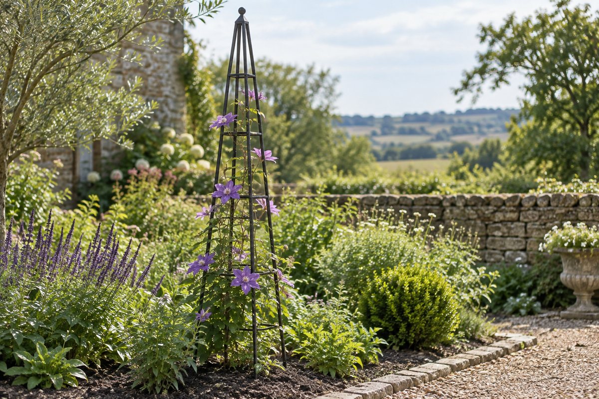 A tapered metal obelisk with clematis in a garden border