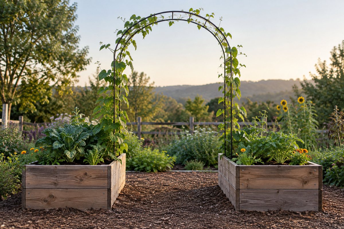 An arched metal support between two raised garden beds
