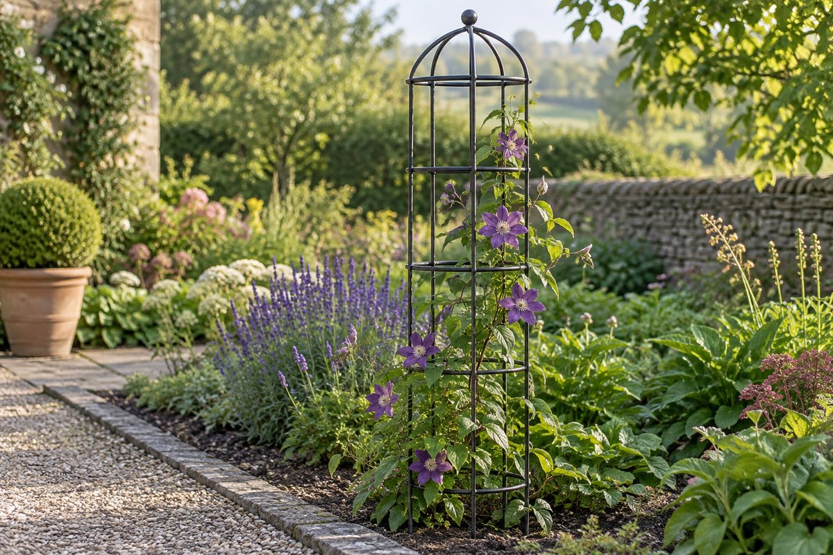 A circular freestanding trellis with clematis in a planted garden