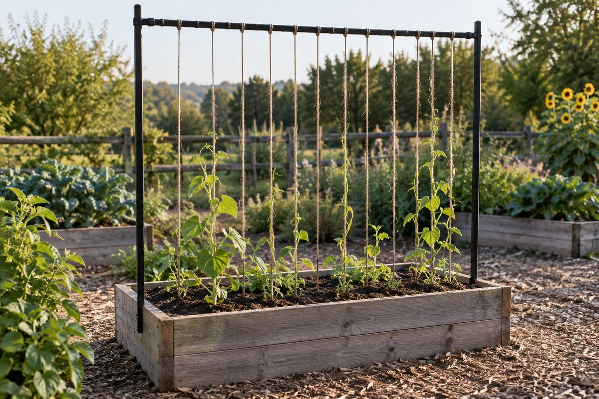 A raised-bed frame with vertical jute strings and young vines