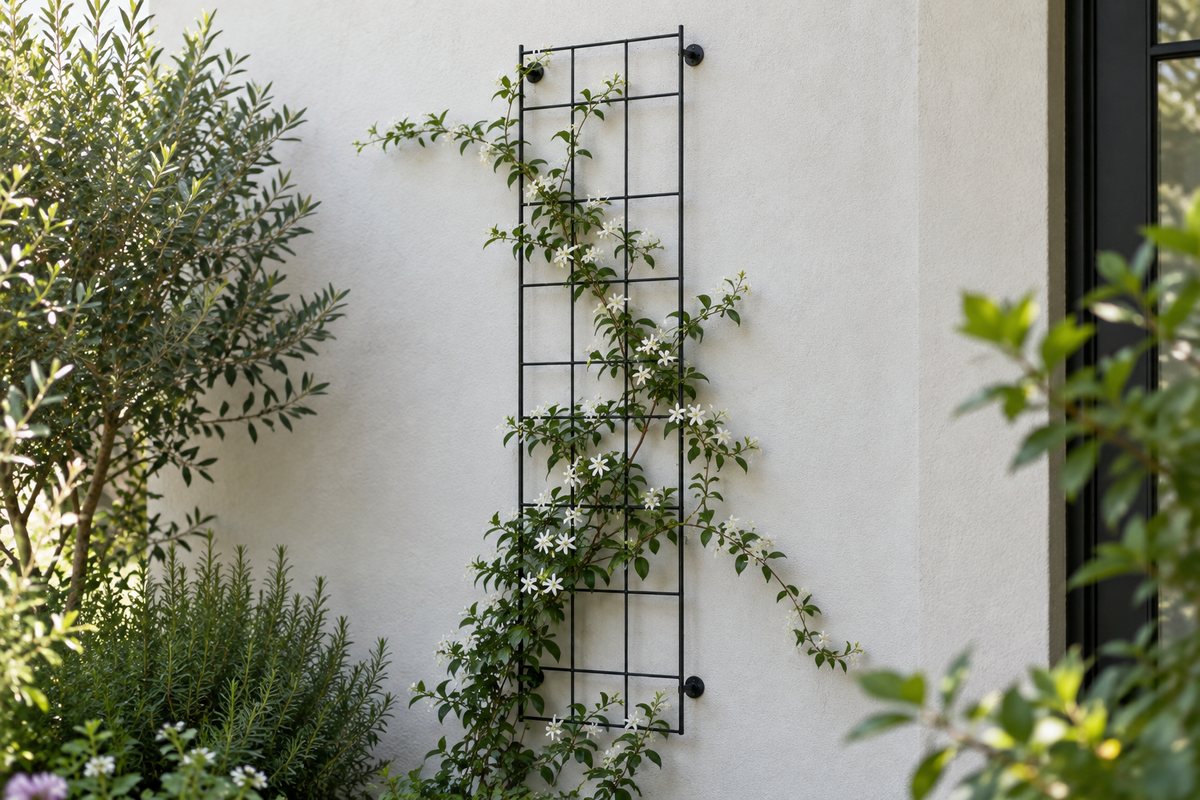 A narrow wall-mounted metal grid with flowering star jasmine