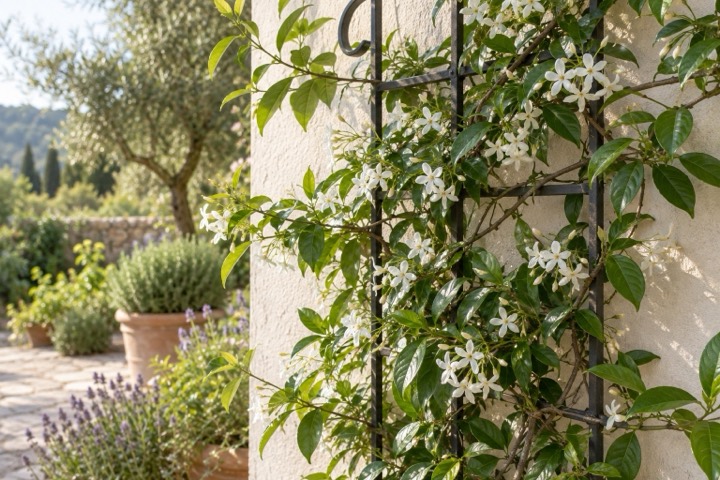 white star jasmine flowers and glossy foliage on a metal trellis by a wall