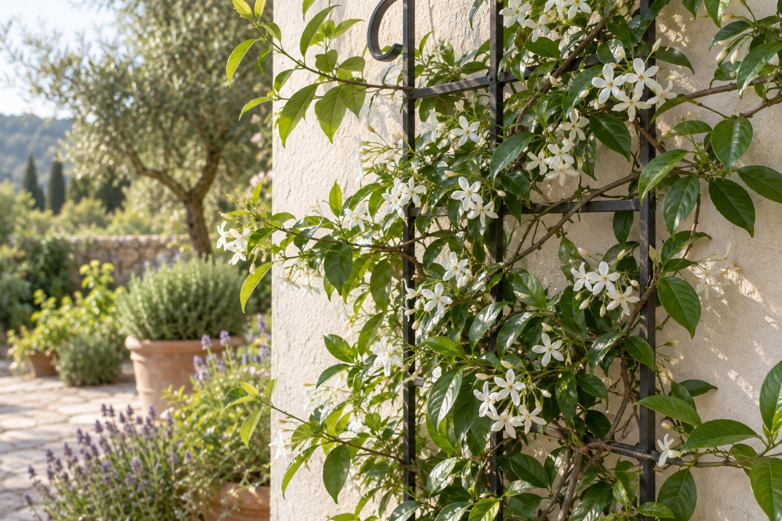 star jasmine twining around a trellis beside a garden wall
