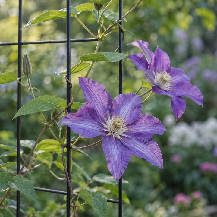 Purple clematis flowers beside slender black metal trellis members.