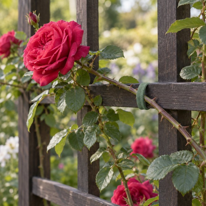 Red-pink rose cane secured with a green tie to a dark wooden trellis.